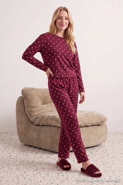 Bordo %100 Pamuklu Puantiye ve Kalpli Örme Pijama Takımı THMAW25PT00039