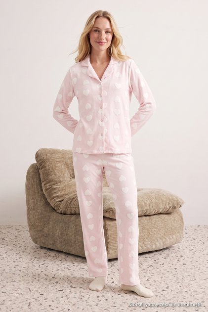 Pudra %100 Pamuklu Kalpli Gömlek-Pantolon Örme Pijama Takımı THMAW24PT00253