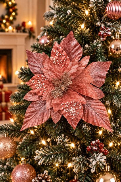 Pink Mistletoe 30 cm Velvet Large Size Artificial Flower Christmas Pine Tree New Year Decor Glitter Sequin