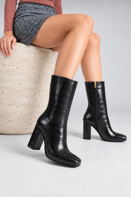 Fv508S Women's Black Crocodile Printed Leather Blunt Toe Thick Block Heeled Zippered Ankle Boots