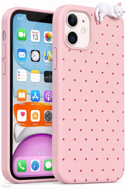 iPhone 12 / 12 Pro Kılıf 3D Kedi Pembe Puantiye Noktalı Figürlü Kamera Korumalı Silikon Telefon Kılıfı
