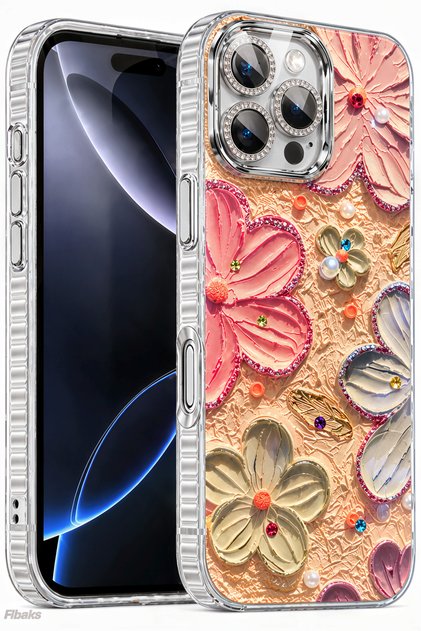 iPhone 16 Pro Case Color-Changing Stone Camera Lens Protection Pink Floral Pattern Shock-Absorbing Cover