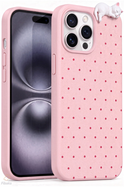 iPhone 14 Pro Max Kılıf 3D Kedi Pembe Puantiye Noktalı Figürlü Kamera Korumalı Silikon Telefon Kılıfı