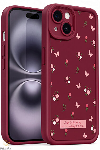 iPhone 13/14 Kılıf Yumuşak Dokulu Kelebek ve Gül Desenli Yumuşak Kamera Korumalı Silikon Kapak