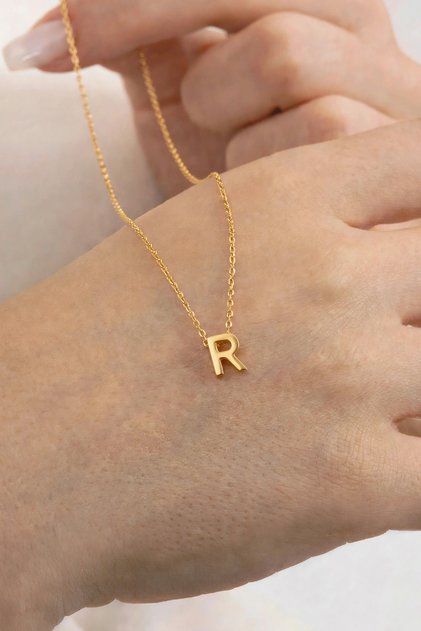 Gümüş Altın Yaldızlı Üç Boyutlu Minimal R Harf Kolye Sgtl11180r