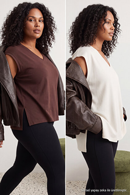 Brown-White 2-Pack Oversize Fit Basic Plus Size T-Shirt Tbbss26Bf00030