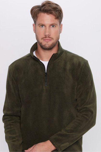 Unisex Relaxed Fit Anti-Pilling Cold-Resistant Khaki Stand Collar Fleece Sweatshirt