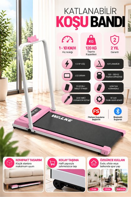 W-fit Pink Bluetoothlu Uygulamalı Uzaktan Kumandalı Koşu Bandı Yürüyüş Bandı