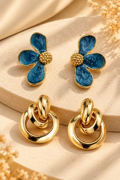 Women's Gold Color 2-Piece Earring Set