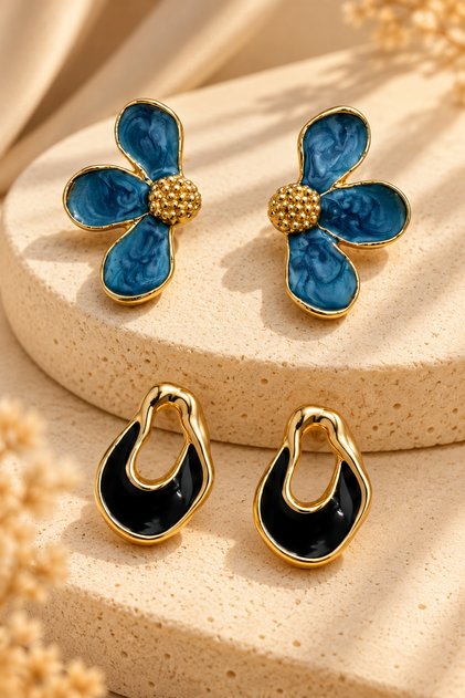 2-Piece Steel Yellow Color Round Earrings with Blue Enamel and Asymmetrical Black Enamel Detail