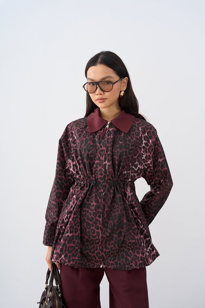Women's Leopard Print Zippered Trench Coat Burgundy