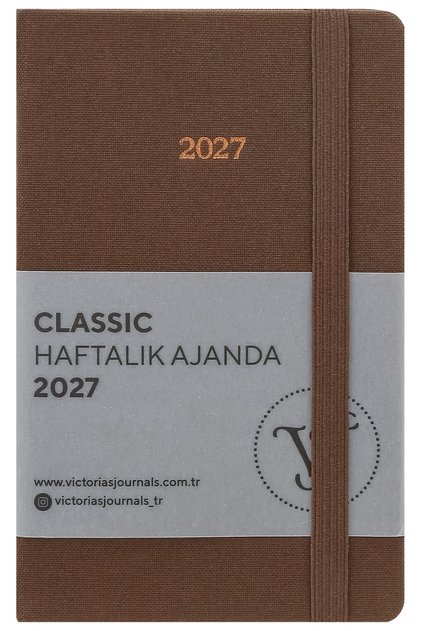 Classic 2027 Weekly Planner – Linen Textured Hard Cover, 9X14 Cm, Elastic, Pocketed – Brown