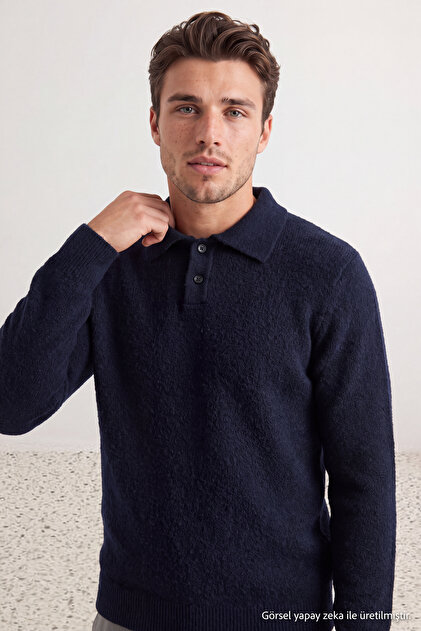 Lacivert Regular Polo Yaka Dokulu Kazak TMNAW25KZ00078