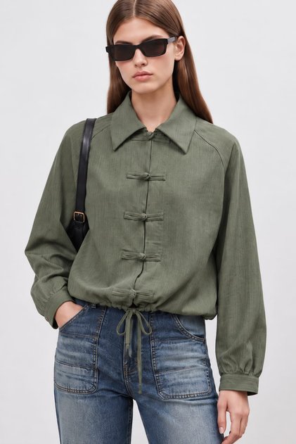Haki Çizgili Dokulu Oversize Gömlek TWOAW27GO00157