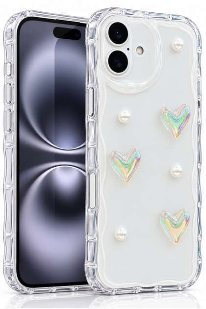 iPhone 16 Kılıf 3D Kalpli Ve Inci Tasarımlı Desenli Kamera Korumalı Şeffaf Silikon Kapak