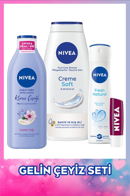Kadın Bakım Gelin Çeyiz Seti, Duş Jeli, Kiraz Çiçeği Kokulu Vücut Losyonu, Deodorant ve Dudak Kremi