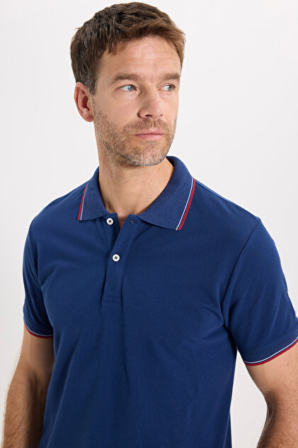 Men's Slim Fit Slim Fit 100% Cotton Plain Pique Sleeve Striped Navy Blue Polo Collar T-Shirt