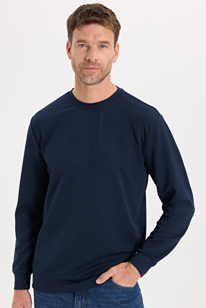 Men's Standard Fit Regular Cut Extra Soft Modal Fabric Crew Neck Navy Blue Sweatshirt