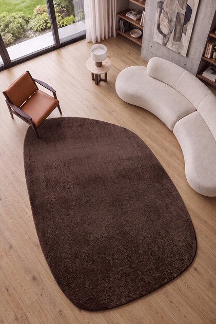 Puffy Acı Kahverengi Kalın Amorf Peluş Yumuşak Organik Şekilli Dekoratif Salon Yatak Odası Halısı