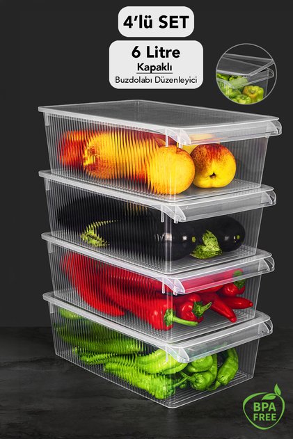 4 Storage Containers with Lids - Organizer Organizer Fruit Vegetable Ration Container Storage Box 6 Liters