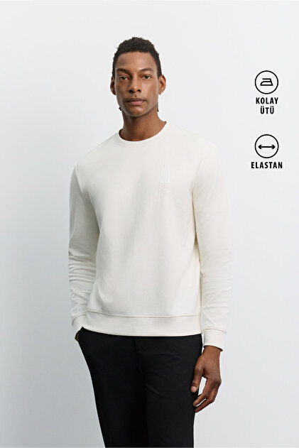 Men's Ecru Crew Neck Silicone Printed Interlock Sweatshirt A62Y1297