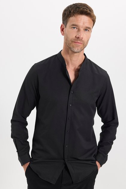 Erkek Slim Fit Dar Kesim Pamuklu Kolay Ütülenebilir Siyah Hakim Yaka Gömlek
