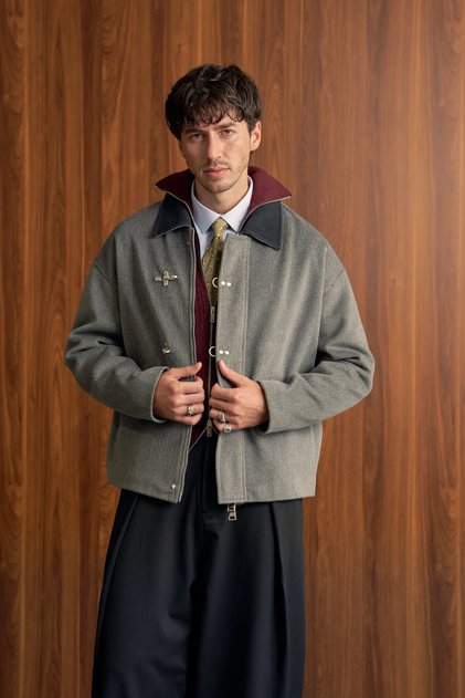 Men's Relax Fit Metal Buckle Contrast Collar Cashmere Jacket Anthracite