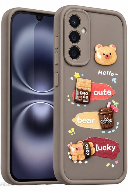 Galaxy A35 Case Designed Patterned Camera Protected Teddy Bear Coffee Color Soft Silicone Cover