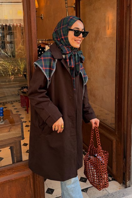 Women's Plaid Lined Mid-Length Shirt Collar Trench Coat Brown