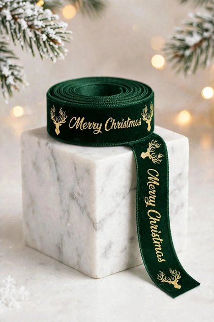 New Year Green Premium Merry Christmas Printed Velvet Ribbon 4 cm Width - 1 Meter - New Year Decoration Christmas Ornament Deer Pattern Pine Tree Ribbon