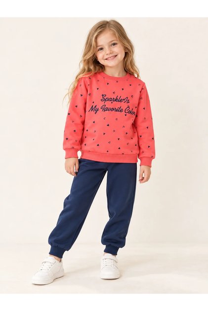 Tiny Heart Printed 3 Threaded Threaded Girls' Tracksuit Set, Ages 3 - 6
