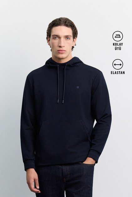 Men's Navy Blue Hooded Easy-Iron Interlock Regular Fit Sweatshirt B001034