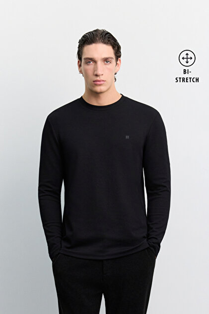 Men's Black Crew Neck Viscose Blended Bi-Stretch Basic Regular Fit Sweatshirt B001081