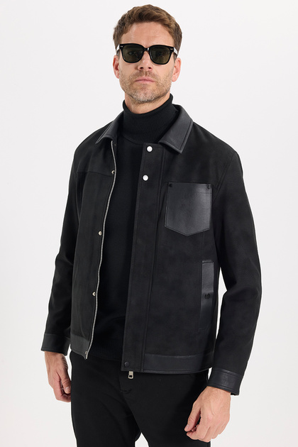 Men's relaxed fit casual shirt collar zipper snap closure self-textured pocketed black jacket