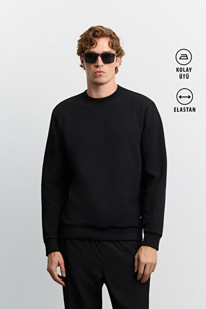 Men's Black Crew Neck Easy-Iron Jacquard Regular Fit Sweatshirt A62Y1256