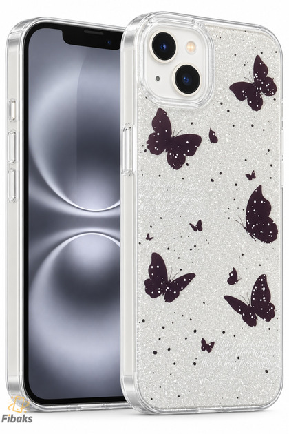 iPhone 14 Plus/15 Plus Case Silvery Black Butterfly Pattern Colorful Shiny Shock Absorbing
