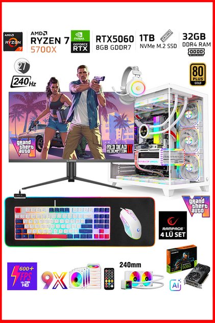 Warrior Eagle X55 White Ryzen 7 5700X 32GB 1TB M.2 RTX5060 27" 240Hz Sıvı Soğutma Oyuncu Bilg