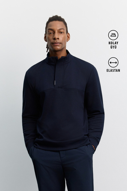 Erkek Lacivert Dik Yaka Fermuarlı Kolay Ütülenen Pamuklu Regular Fit Sweatshirt A62Y1222