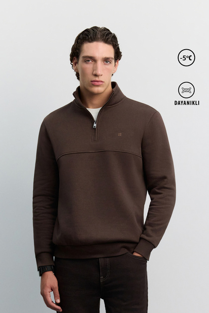 Erkek Kahve Dik Yaka Fermuarlı -4 Dereceye Dayanıklı Regular Fit Sweatshirt A62Y1351