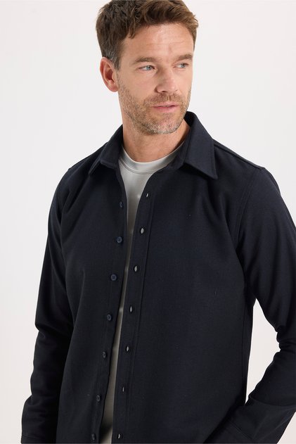Erkek Slim Fit Dar Kesim Uzun Kollu Dokulu Kışlık Lacivert Gömlek