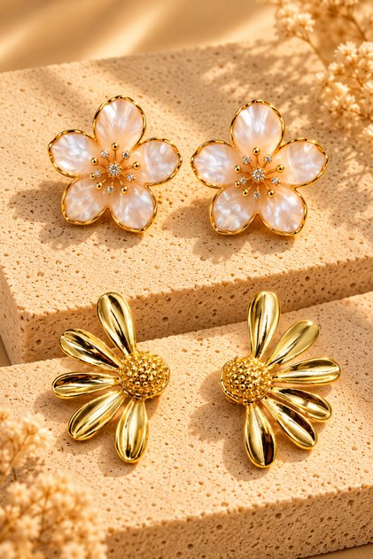 Women's Yellow Color 2-Piece Flower Figured Earring Set