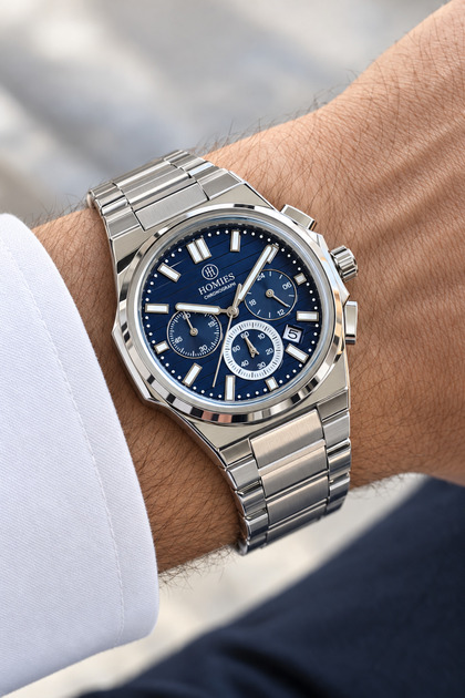 Men's Wristwatch Silver Color Navy Blue Dial Special Gift Box with Function and Calendar.Hme2083C2