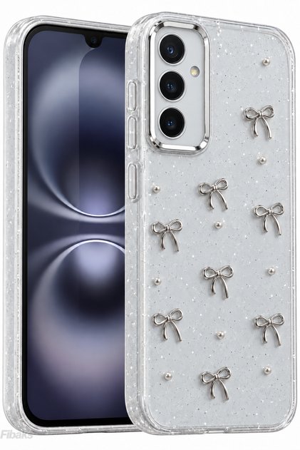 Galaxy A35 Case Bow Pattern Transparent Glitter Silver Camera Protruding Glossy Cover