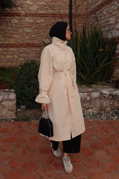 Women's Funnel Collar Snap Detail Trench Coat Cream