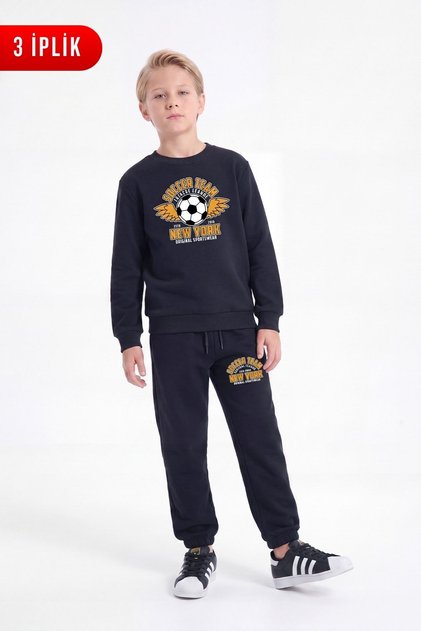 3 Thread Printed Boys' Double Pocket Crew Neck Sweatshirt Set