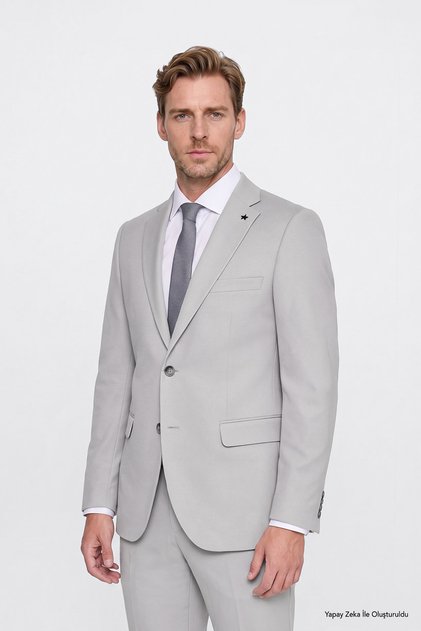 Men's Gray Knitted Slim Fit Mono Collar Tie-Waist Flexible Suit with Flap Pockets