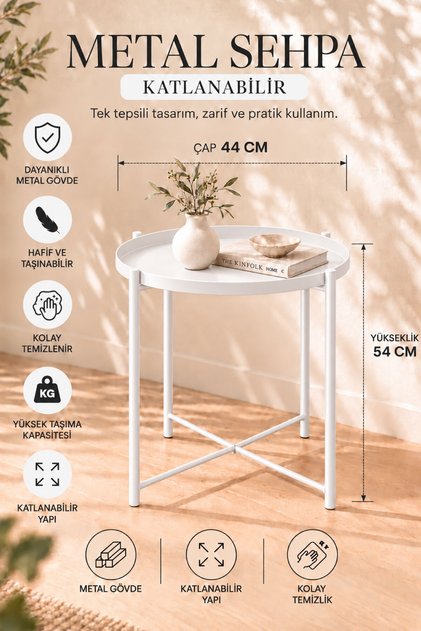 Home Metal Çok Amaçlı Katlanabilir Tepsili Sehpa Beyaz