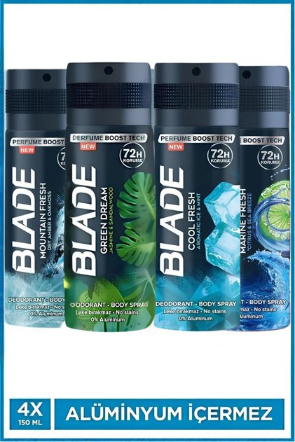 Erkek Deodorant 4x150 Ml (Cool Fresh,Marine,Mountain,Green Dream) Hızlı Kurur,Leke Bırakmaz