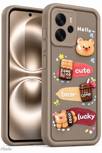 Redmi Note 14 4g Case Designed Patterned Camera Protected Teddy Bear Coffee Soft Silicone Cover