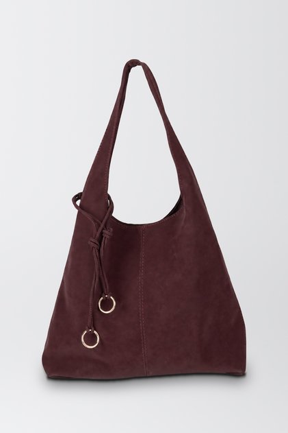 Women's Burgundy Large Nubuck Hobo Shoulder Bag with Ring-Accented Laces